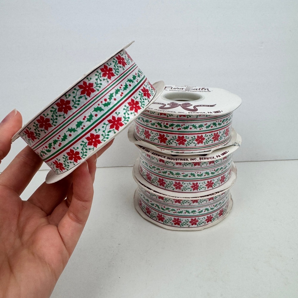 4 Roll Vtg Berwick Ribbon Christmas White Red Green Holly Poinsettia Flora Satin